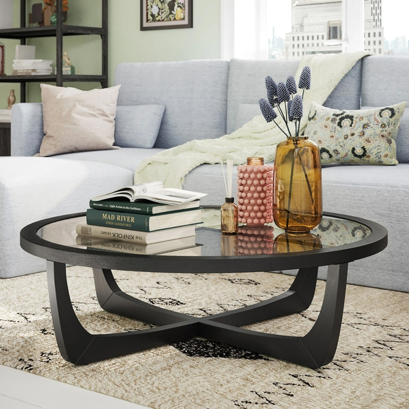 Round Glass Coffee Table Rattan Inlay Sculptural Cross Base