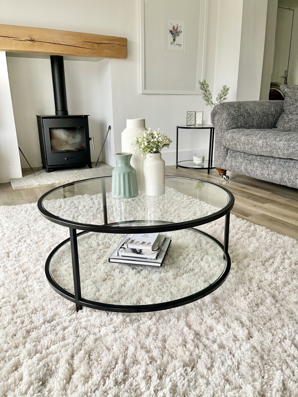Round Glass Coffee Table Two Tier Matte Black Frame