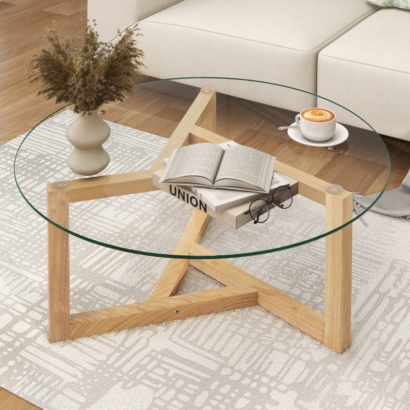 Round Glass Coffee Table with Interlocking Wood Geometric Base
