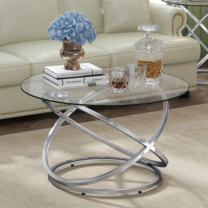 Round Glass Coffee Table with Sculptural Brushed Silver Infinity Base