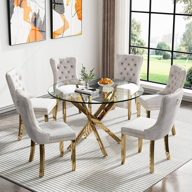 Round Glass Dining Set Gold Geometric Base Tufted Beige Chairs Glam