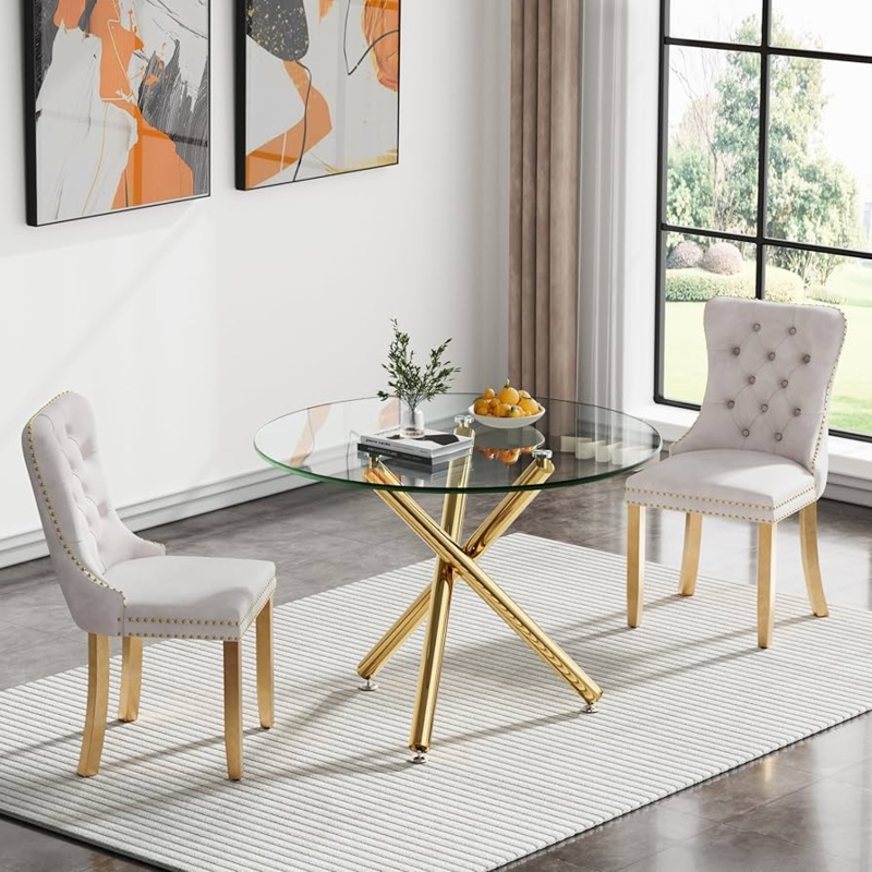 Round Glass Dining Set Gold Starburst Base Beige Tufted Velvet Chairs