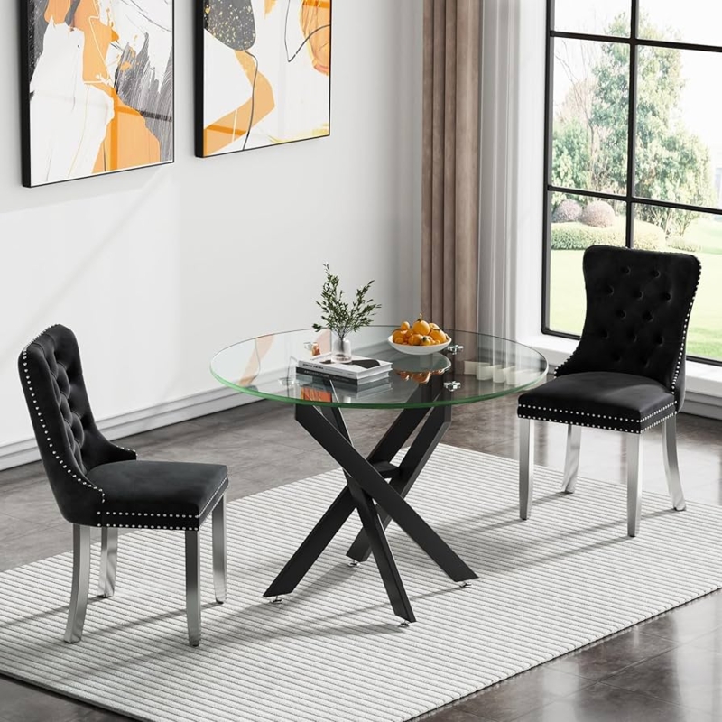 Round Glass Dining Set with Black X-Base and Tufted Chairs