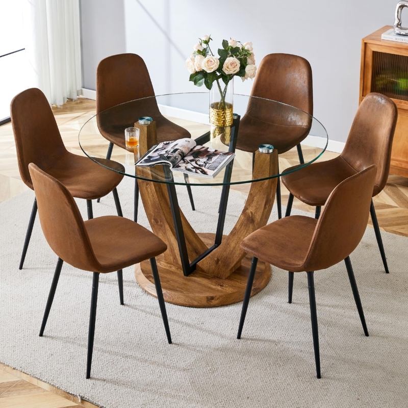 Round Glass Dining Set with Sculptural V-Base and 6 Chairs