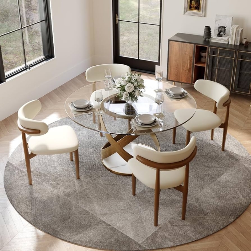 Round Glass Dining Table, Sculptural Bronze Ribbon Base
