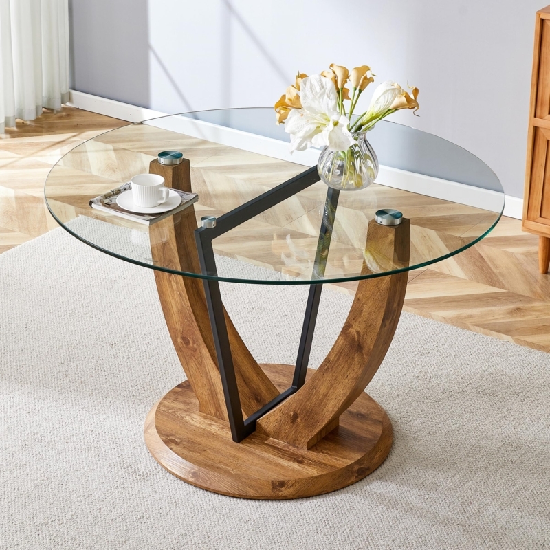 Round Glass Dining Table with Sculptural Curved Wood Legs