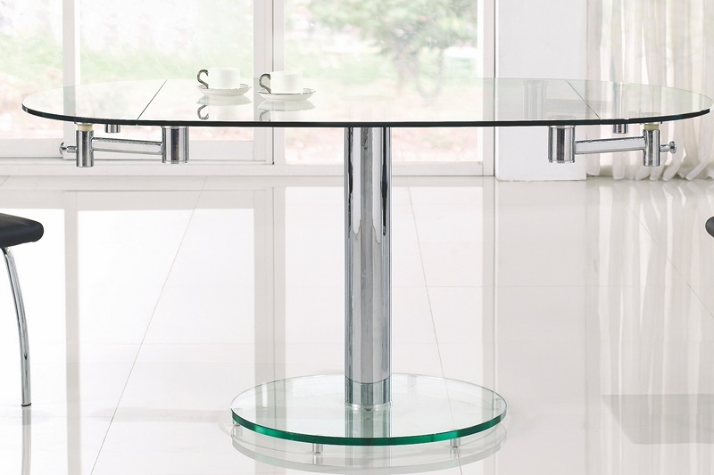 Round Glass Table with Polished Pedestal and Visible Extension Arms