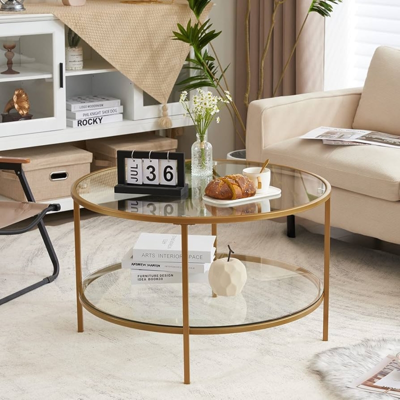 Round Gold Coffee Table with Two-Tier Glass Top and Open Frame