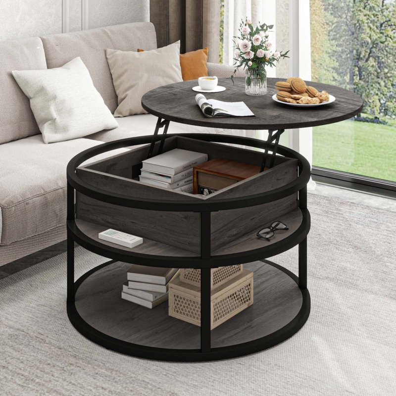 Round Gray Lift Top Coffee Table with Three Tier Industrial Metal Frame
