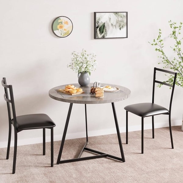 Round Grey Dining Set Tripod Base Table Black Metal Ladder Back Chairs