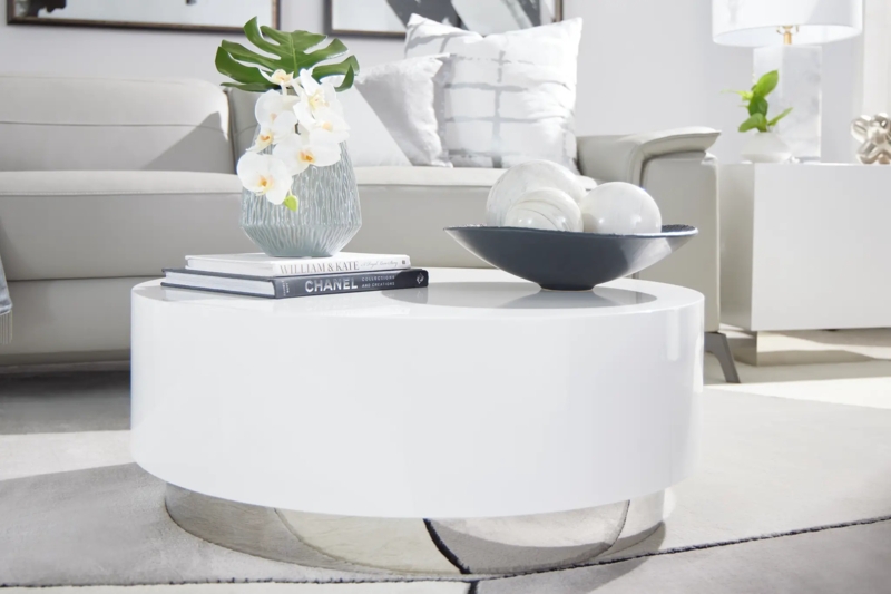 Round High-Gloss White Coffee Table with Recessed Base
