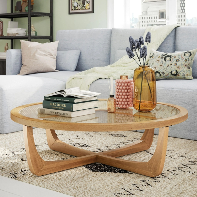 Round Honey Wood Coffee Table with Glass Top and Cane Shelf