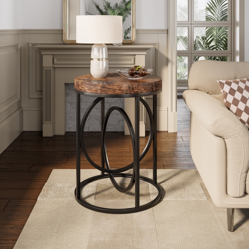 Round Industrial Side Table, Rustic Wood and Black Metal O-Frame