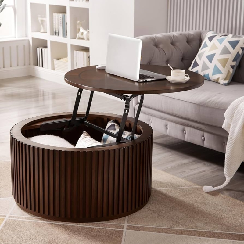 Round Lift Top Coffee Table featuring Walnut Ribbed Drum Base Design