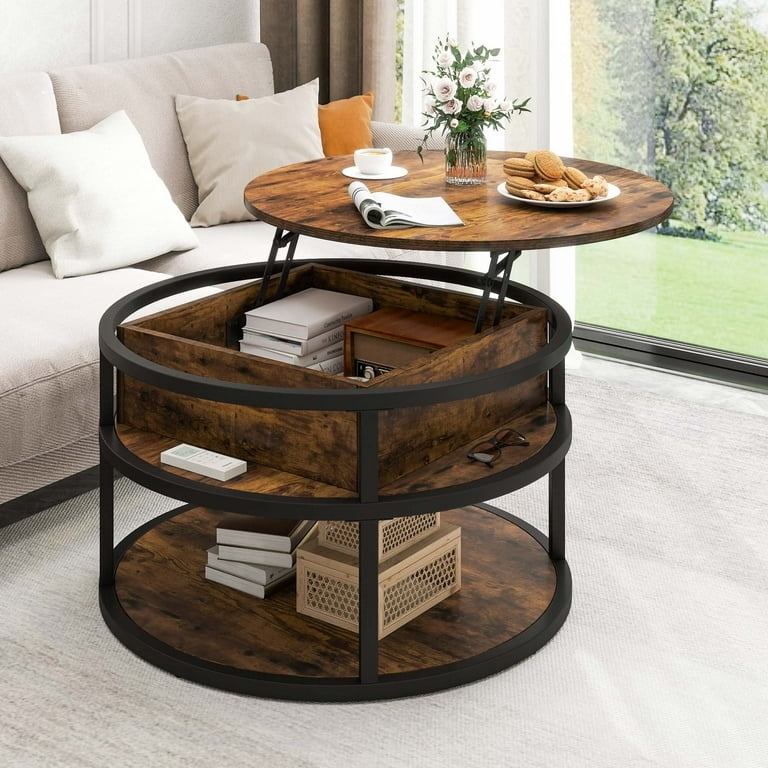 Round Lift Top Coffee Table Rustic Industrial Hidden Storage