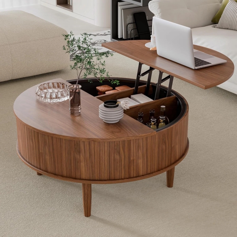Round Lift Top Coffee Table Walnut Fluted Drum Base Storage