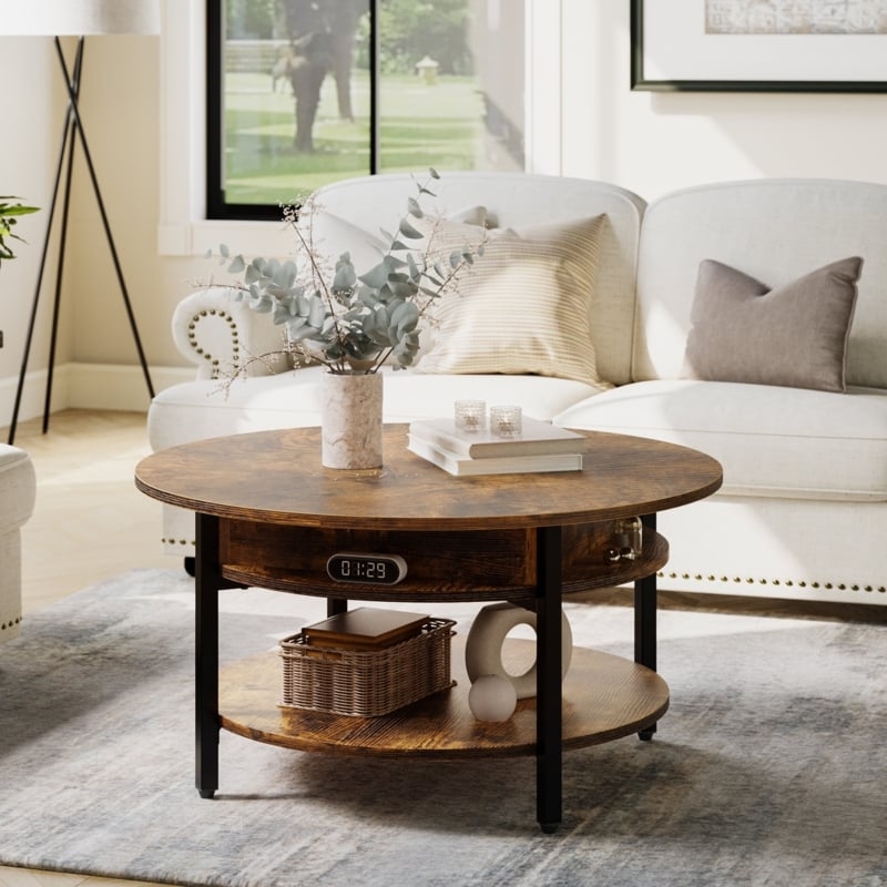 Round Lift Top Coffee Table with Integrated Digital Clock and Shelf