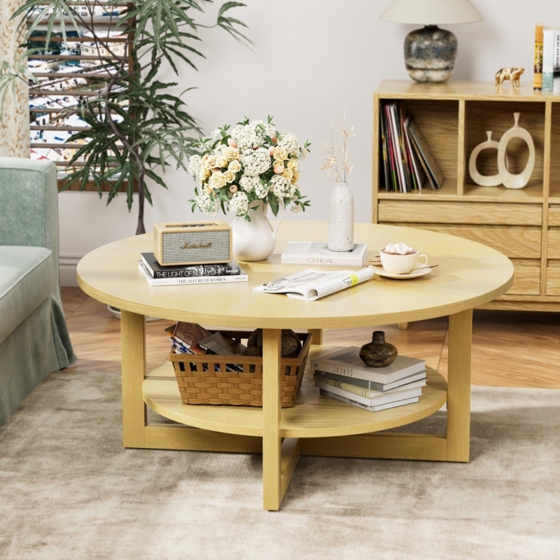 Round Light Wood Coffee Table Two Tier Storage Cross Base Shelf