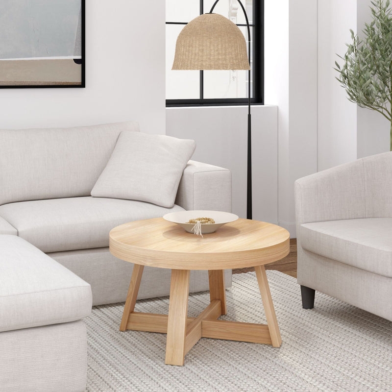 Round Light Wood Coffee Table with Cross Base Design for Farmhouse
