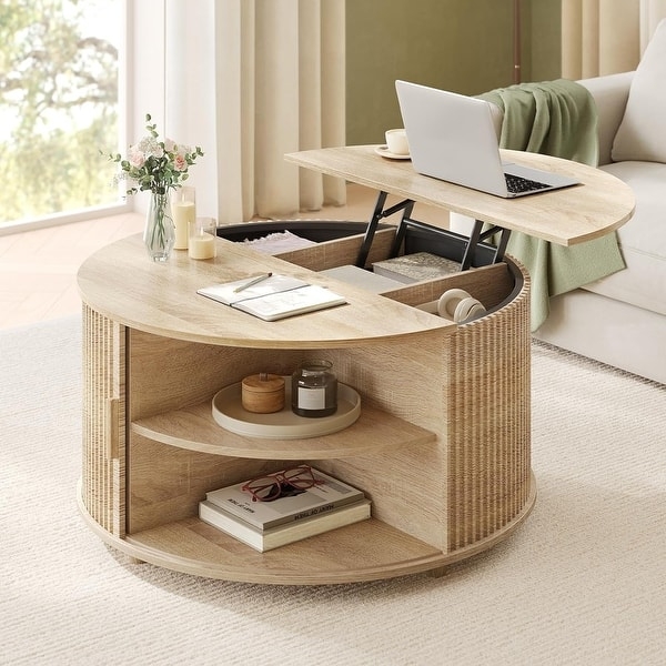 Round Light Wood Lift Top Coffee Table with Ribbed Sliding Tambour Door