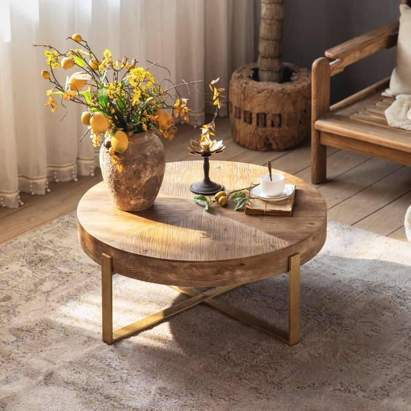 Round Living Room Coffee Table Gold Metal X-Base Wood Top