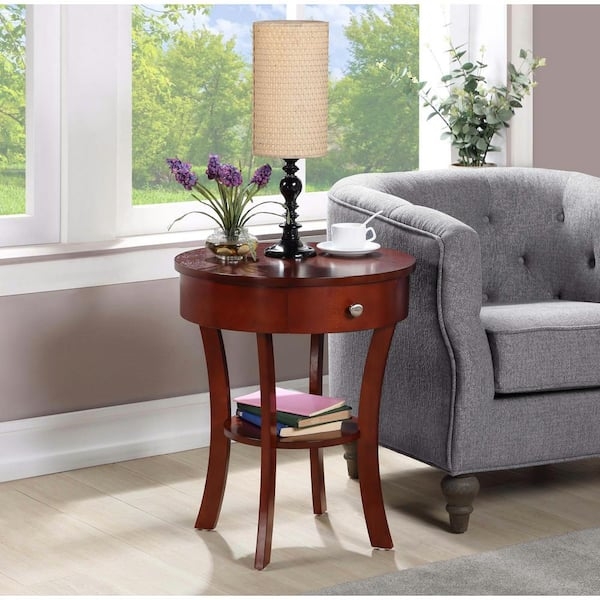 Round Mahogany End Table Flared Legs Single Drawer Lower Shelf