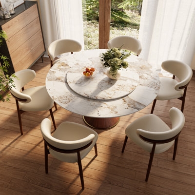 Round Marble Dining Set with Cream Curved Back Upholstered Chairs