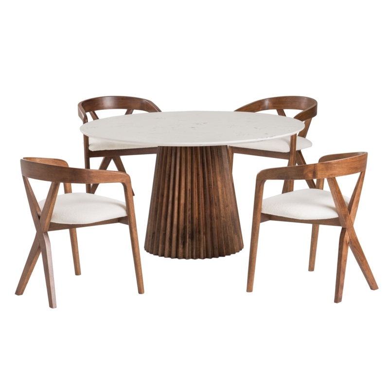 Round Marble Dining Table, Fluted Walnut-Toned Base, Upholstered Chairs, Mid-Century