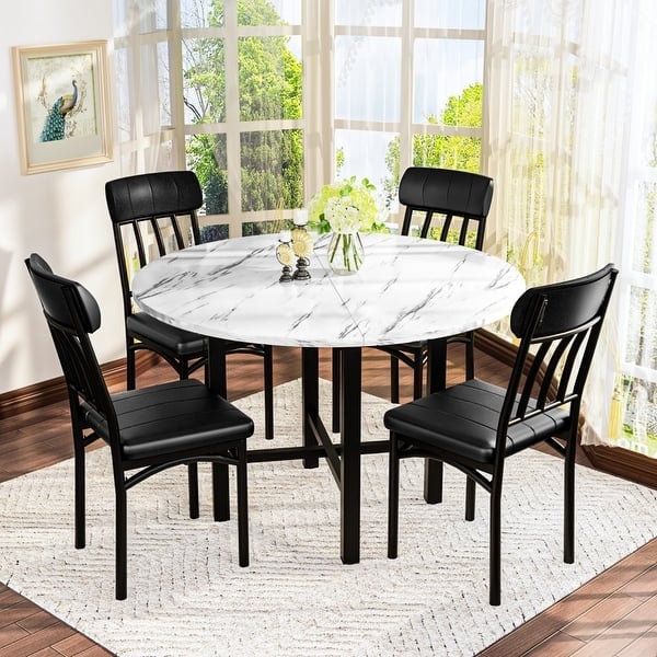 Round Marble Dining Table Set Black Metal Frame Slatted Chair Backs