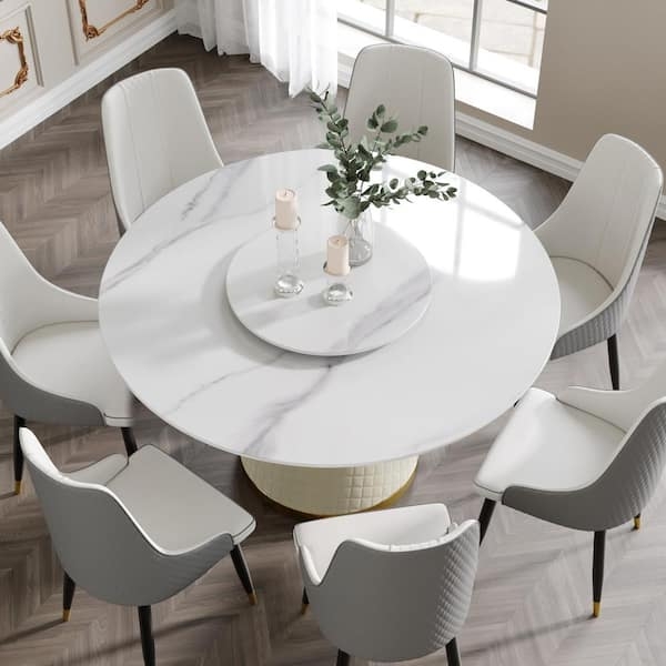 Round Marble Dining Table Set with Diamond Stitched Chairs