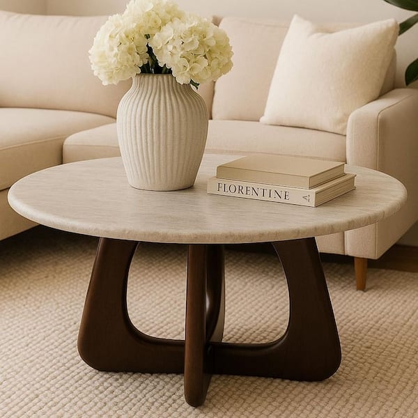 Round Marble Look Coffee Table with Sculptural Clover Shaped Base