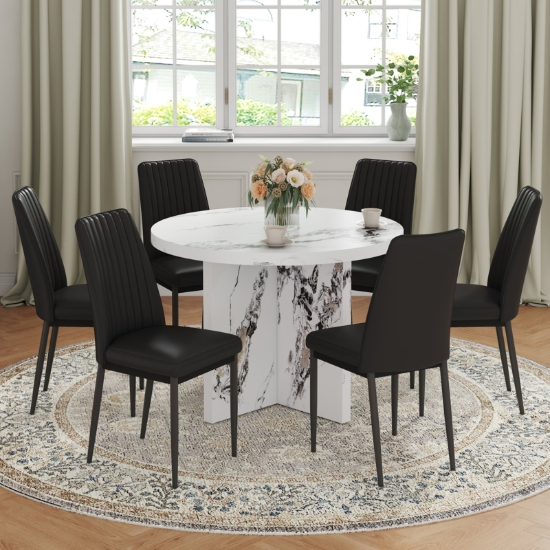 Round Marble-Look Dining Set, Modern Glam Pedestal, Ribbed Chairs