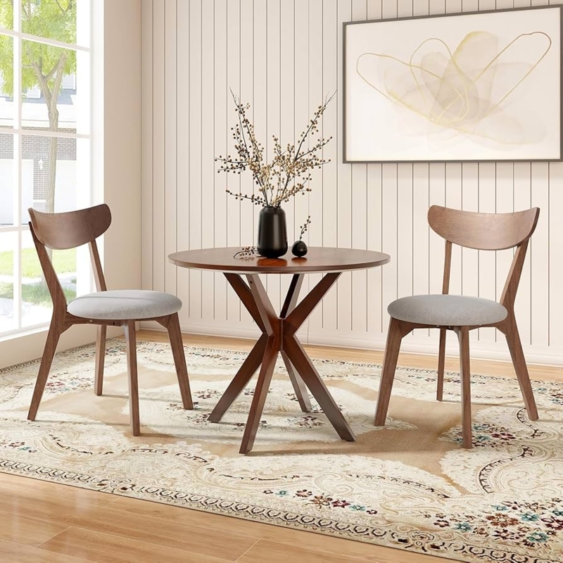 Round Mid-Century Dining Set Sculptural X-Base Brown Wood Grey Chairs
