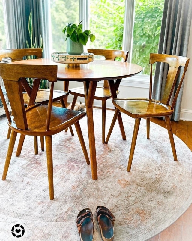 Round Mid-Century Dining Set, Split-Back Chairs, Tapered Legs, Wood-Toned, Vintage