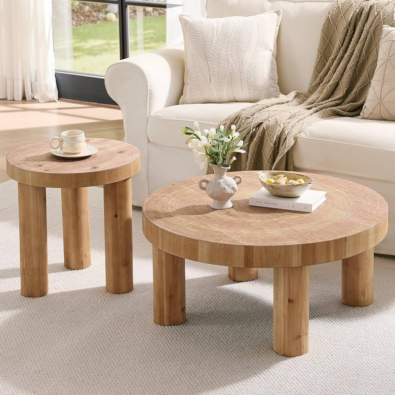 Round Nesting Coffee Table Set Chunky Pillar Legs Natural Tree Ring