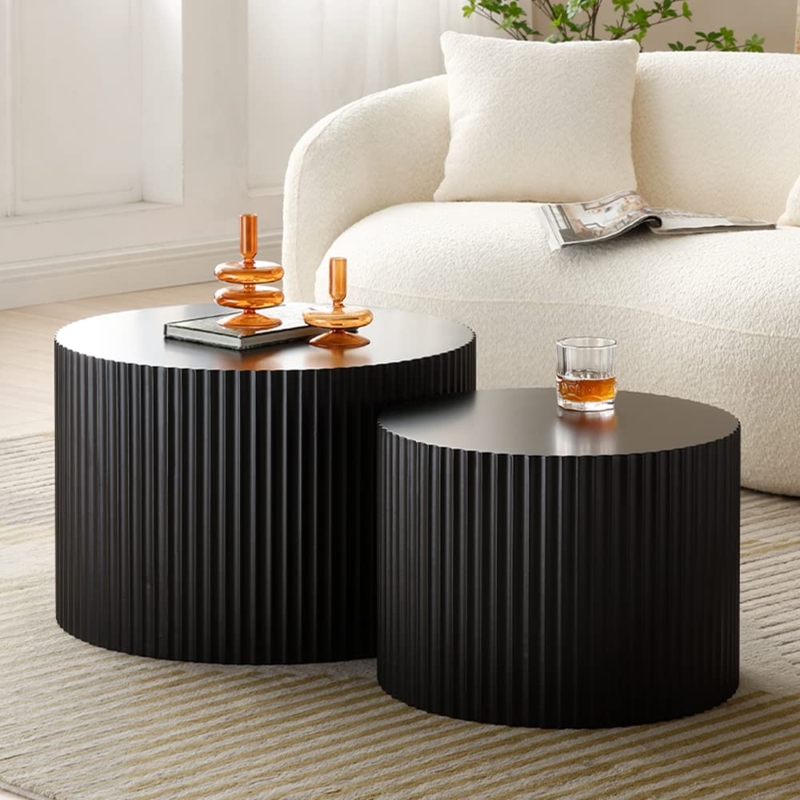 Round Nesting Coffee Tables Fluted Texture Black Set of Two
