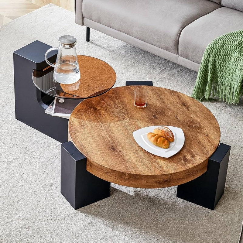 Round Nesting Coffee Tables with Wood and Glass Tops and Block Legs