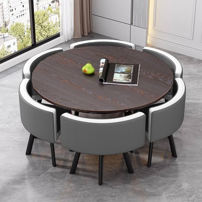 Round Nesting Dining Set with Grey Upholstered Chairs