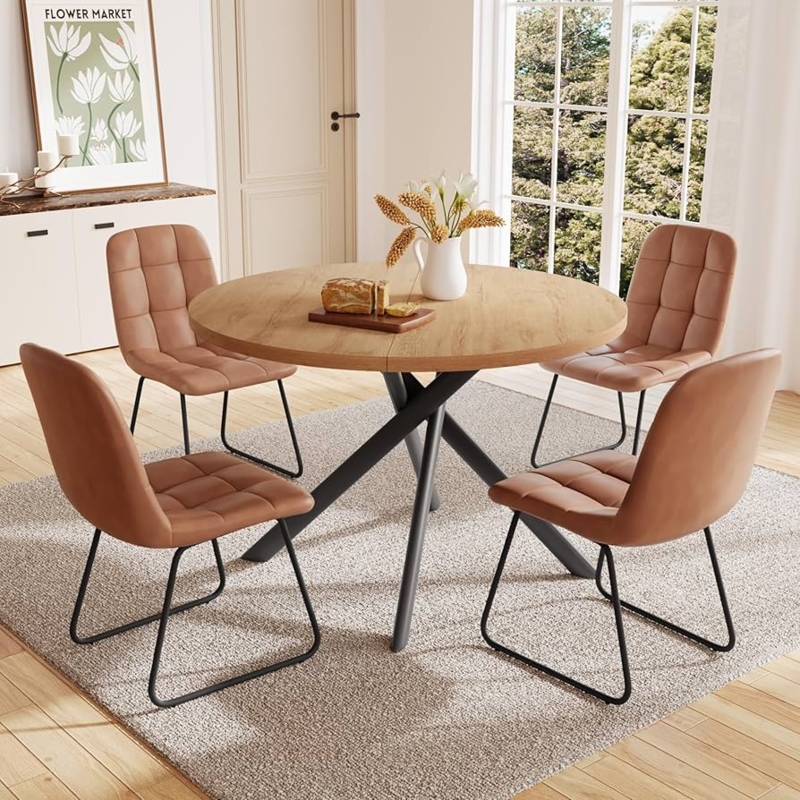 Round Oak Dining Set, Brown Quilted Chairs, U-Shaped Metal Legs, 5-Piece, Modern