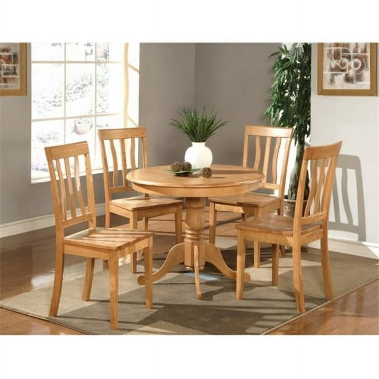 Round Oak Dining Set with Pedestal Table and Slat Back Chairs