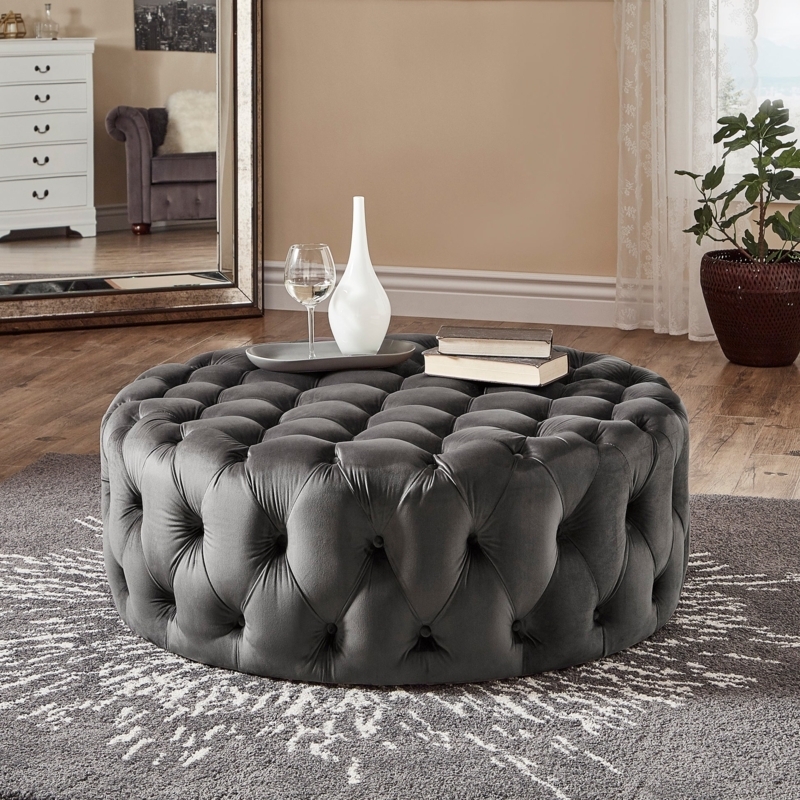 Round Ottoman Charcoal Gray Velvet Diamond Tufted Glam Style