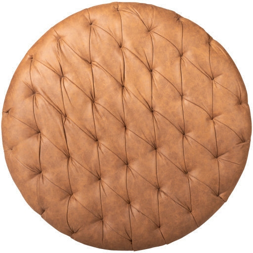Round Ottoman Cognac Faux Leather Diamond Tufted Top Surface
