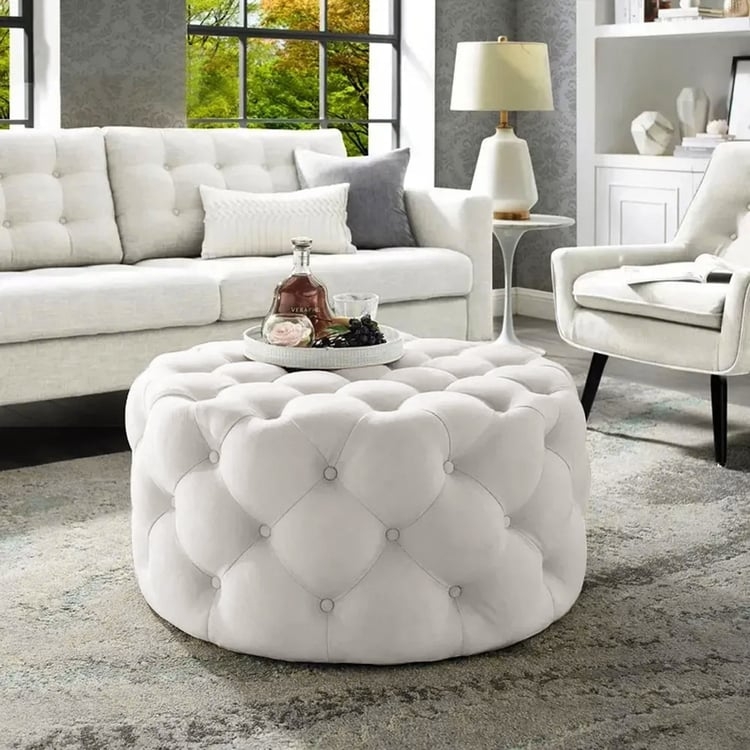 Round Ottoman Cream Velvet All-Over Tufting Glam Cocktail Table