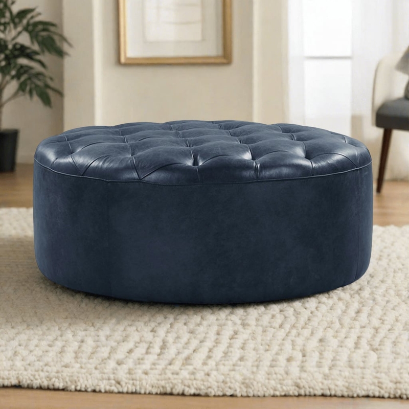 Round Ottoman Navy Leather-Like Deep Diamond Tufted Cocktail Piece