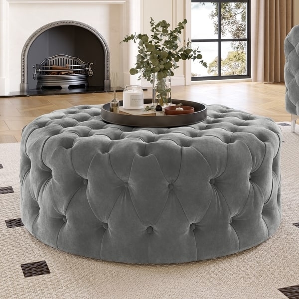 Round Ottoman Oversized Grey Velvet Button Tufted Cocktail Table