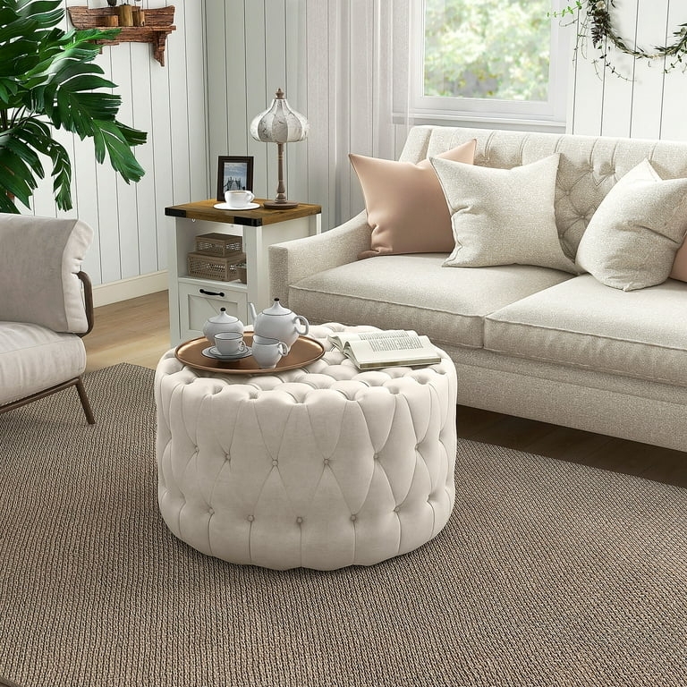Round Ottoman with Hidden Storage: Cream Tufted Beige Storage Footstool