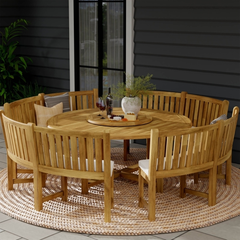 Round Outdoor Dining Set with Four Curved Benches and Lazy Susan