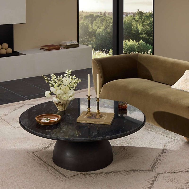 Round Pedestal Center Table, Marbled Stone Top Modern