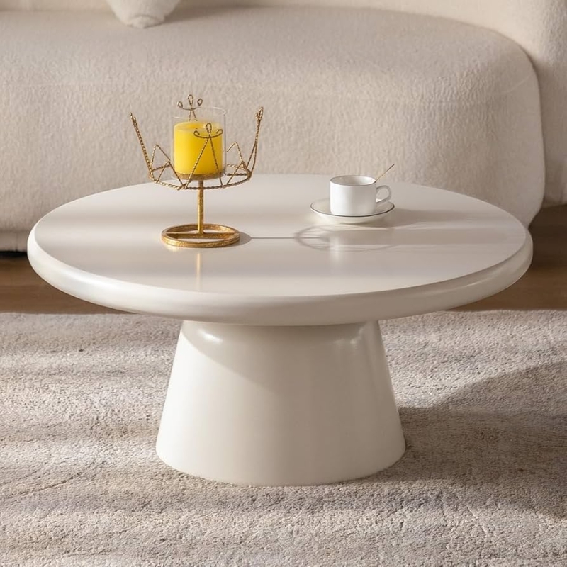 Round Pedestal Coffee Table Cream Finish Sculptural Minimalist Base