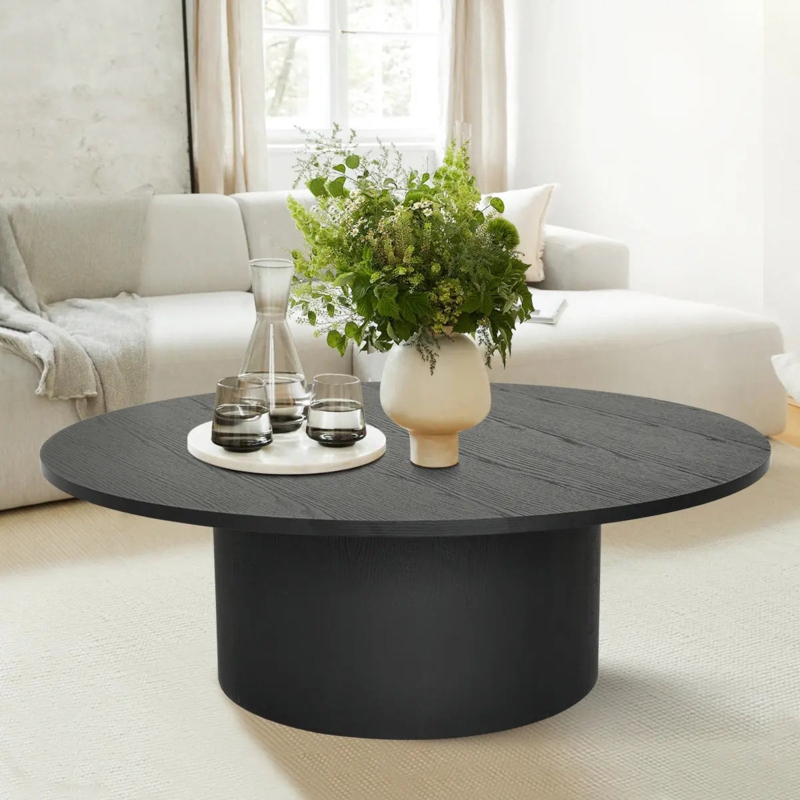 Round Pedestal Coffee Table Wood Grain Minimalist Style